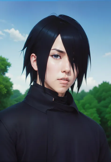 real Life adaption of this character,his name is Sasuke uchiha from anime naruto ,hyper realistic ,detailed black hair, high resolution, photorealistic,very detailed,realistic outfit Black robe ,Japanese teen handsome with Thin and small lips,detailed shin...