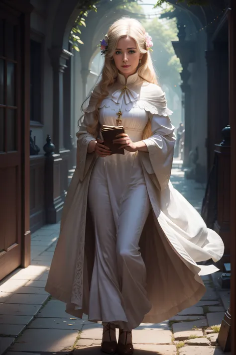 blonde woman in white dress and cape holding a book in a dark alley, dressed as a clergyman, as a medieval fantasy character, in...