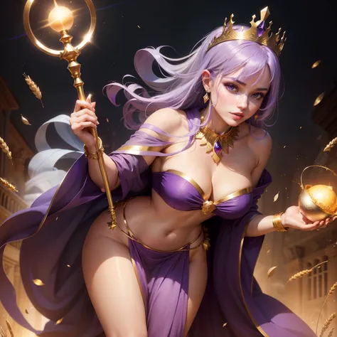 Wearing a dark purple bandeau dress，Plus a beautiful white shawl，Keep an eye on the world，Crown on head，with a good figure，Wheat-skinned princess，Holding a golden scepter，silver high heels，Goose egg face，Blue-purple hair