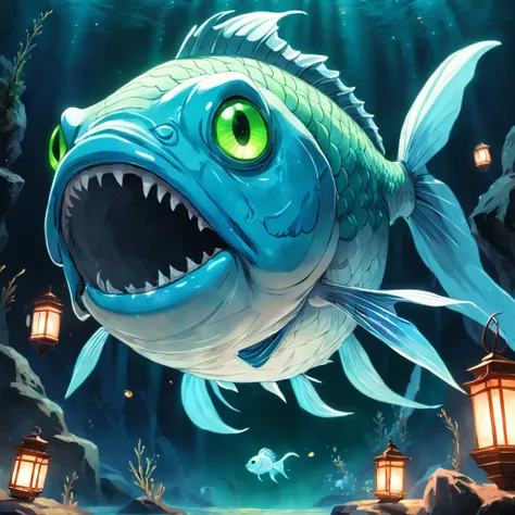 ghostly Fish with green scales blue fins and solid black eyes and fanged mouth, floating eerie lanterns, Masterpiece, Best Quality