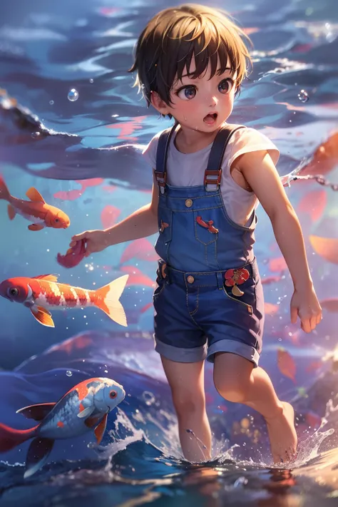 A little boy swimming in the sea with a koi in his arms，short detailed hair，Denim suspenders，The barefoot，depth of fields，high light，Real light，Ray traching，oc rendered，Hyper-realistic，best qualtiy，8K，Works of masters，super-fine，Detailed pubic hair，Correct...