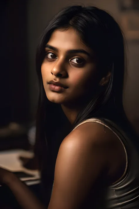 (close-up, editorial photograph of a 21 year old Indian woman), (highly detailed face:1.4) (smile:0.7) (background inside dark, moody, private study:1.3) POV, by lee jeffries, nikon d850, film stock photograph ,4 kodak portra 400 ,camera f1.6 lens ,rich co...