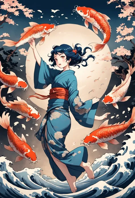 best quality, style of Hokusai, Ukiyoe, a dancing woman, (floating koi fish), flying carp