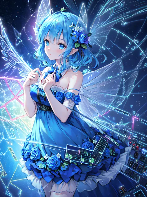 The Blue Rose Fairy kisses the flower. Its fairy is smaller than the flower. Lace dress, floral,(Wearing fairy wings with electronic circuit pattern:1.5), ts neat costume has a mysterious luster. Flower field, natural light,(Best quality), (masterpiece:1.3...