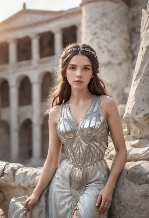 (masterpiece), (best quality), ((ultra-detailed)), (hyperrealistic), (highly detailed photo), cinematic lighting, photorealistic, extremely beautiful young lady in the marble rocks, dramatic pose, intricate detailed silver glittering ancient greek style pe...