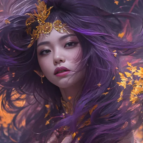 32K（tmasterpiece，k hd，hyper HD，32K）Long flowing bright purple hair，Autumn Pond，zydink， a color，  Asian people （Silly girl）， （Silk scarf）， Combat posture， looking at the ground， long whitr hair， Floating bright purple， Fire cloud pattern gold skull headdres...