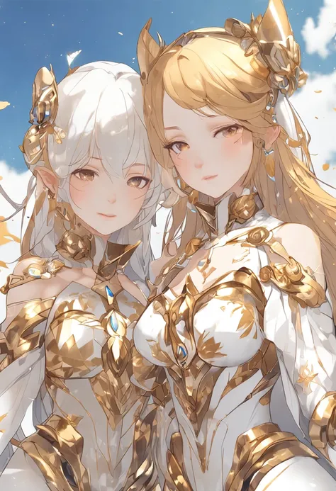 Anime - style illustration of two women in a gold and white outfit, Arte Oficial, lunar themed attire, divindade de cabelos brancos, Trend in CGTacing:, Wlop e Sakimichan, cushart krenz arte chave feminina, Arte Oficial altamente detalhada, prata e ouro, t...