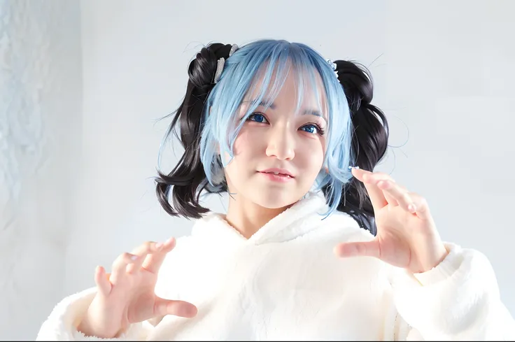 there is a woman with blue hair and a white robe, kawaii playful pose of a dancer, with blue hair, girl with blue hair, short blue haired woman, blue-white hair, pretty girl with blue hair, white hair floating in air, chiho, full face shot of rimuru tempes...