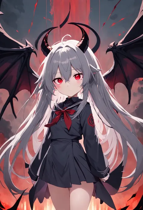 Dull hair, gray hair，Red eyes，long whitr hair，demonic horns，Broken sailor suit，Girl body type，Very cute，There are tears in the eyes，There are demon wings behind it，There was a little blood on his body，8K，No missing hands，Look into the camera，Empty eyes，Dyn...