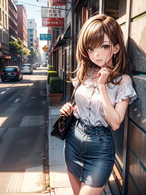 Best Quality, masutepiece, beautiful mature women、Beautiful face、Strong-minded woman、Wearing an office blouse、brown haired、Brown-eyed、Medium Hair、Small eyes、Full body like、Block sunlight with your hands、suns、look up sky、Downtown、A little dazzling