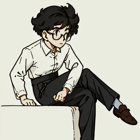 Black-haired boy，Wear a white shirt and black trousers，wears glasses