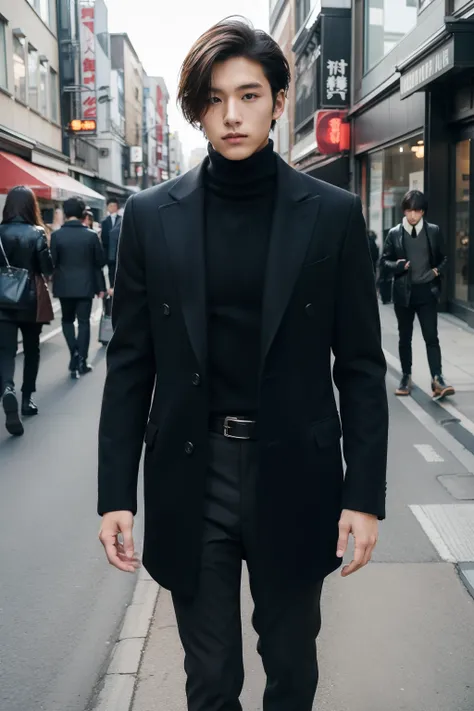 street style portrait of 20 year old japan man。 for tailored suits of dark colors suitable for autumn and winter、layered turtlen...