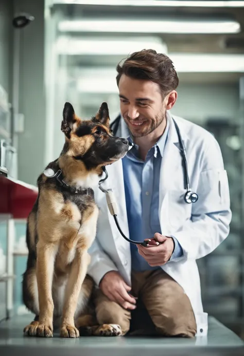 Young male veterinarian, Wearing a stethoscope around his neck, Cute dog and cat at the veterinary clinic