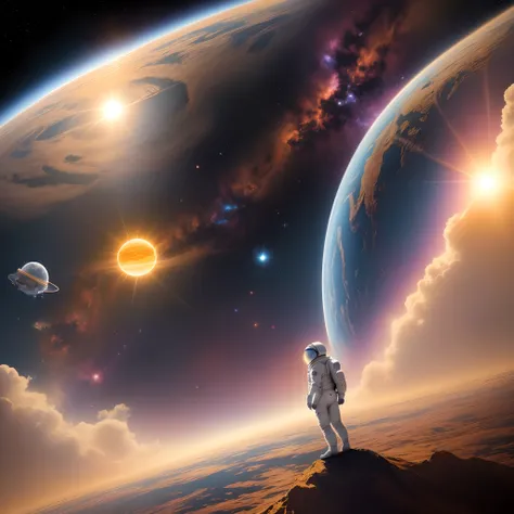 A space man with his  out floating through space with the sun it the background and earth is in the background to but it’s smaller and thar is a little bit of cum flowing out of the .