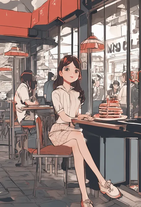 中景 the scene is，A 14-year-old girl sits in a café，adolable，big breasts beautiful，The face is delicate，White skin，By bangs，long eyelasher，Blushlush，eyeline，Redlip，The expression is shy，Tears in the eyes，ssmile，Perspectiva subjetiva，flatchest，being thin，crop...