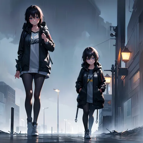 1girl, jacket, rain, outdoor, hoodie, open jacket, chain, backpack, looking at another, messy hair, trending on artstation, 8k resolution, highly detailed, anatomically correct, sharp image, digital painting, concept art, trending on pixiv, style of makoto...