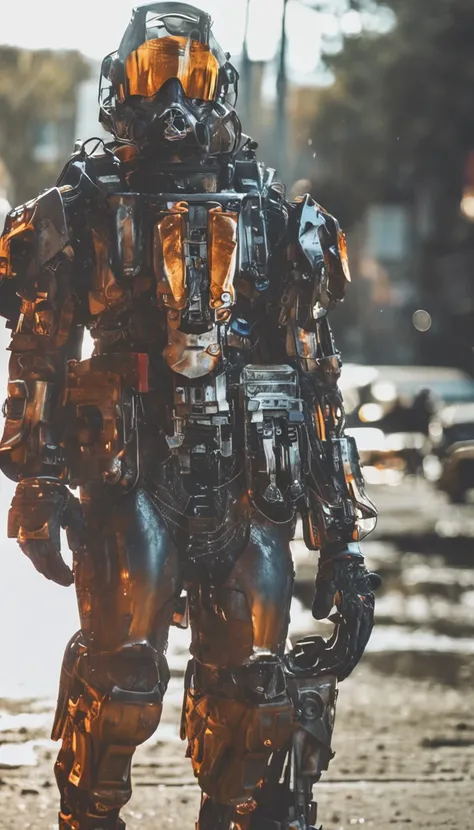 Portrait photo of transparent camo worn mech suit，（（Light bokeh）），复杂，（（semi transparent）Liquid water [Rust]），ellegance，Clear focus，Photo by Greg Rutkowski，gentlesoftlighting，Bright color，tmasterpiece，（（Streets） )), Transparent wings，downpours，Wear thick go...