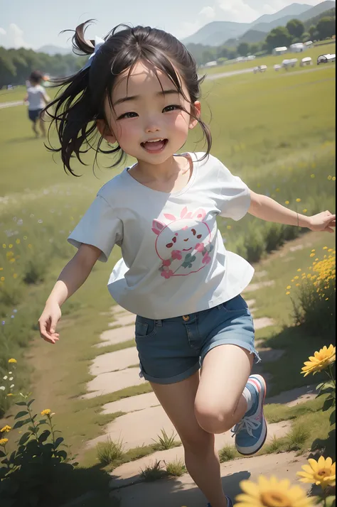 A very cute little asian girl running on green grass，with a round face，largeeyes，Laugh and play with your eyes，dressed in a white t-shirt，Light blue jeans，A group of cute little animals followed behind her，Wildflowers bloom on the grasslands。