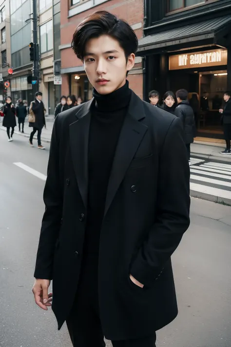 Street style portrait of 20 year old Japan man。 For tailored suits of dark colors suitable for autumn and winter、Layered turtleneck sweater。Paired with black leather boots that blend business and street aesthetics。The hair is rather long、Suitable volume fo...