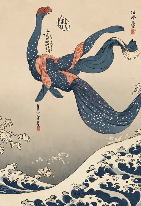 best quality, style of Hokusai, Ukiyoe, a dancing woman, (floating koi fish), flying carp