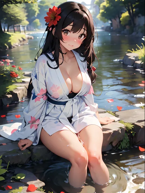 1girl, solo, beautiful, cute, perfect girl body figure, light coloured kimono, red blush, full body, flower petals, beautiful background, cleavage, big boobs, long kimino, sitting near a river with her feets in water, fishes in water