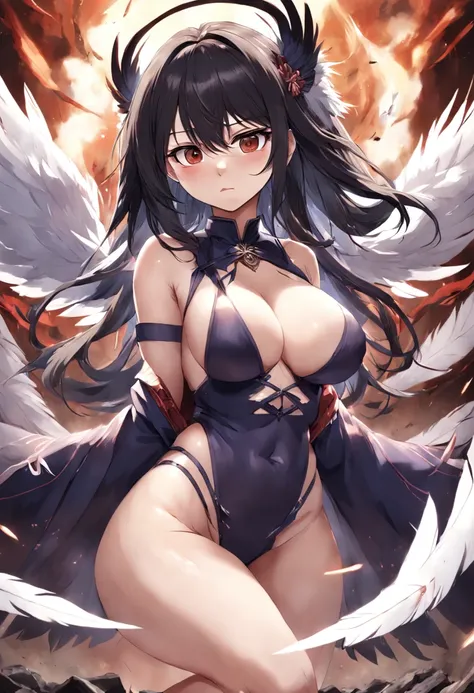 japanese anime style。illustratio。Dark Fantasy。White feathers。girl with。A dark-haired。eye glass。undergarment。Fantastic background。battle field。Colossal tits。pubick hair。teats。Lower abdomen exposure。A little angry。crouching down。Open crotch。