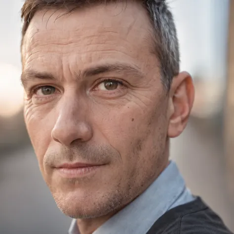 A close-up portrait of a confident and supportive 35 years old man in a modern urban setting, captured by  with a Canon 5D Mark IV camera, using an aperture of f/1.8, ISO 400, and a shutter speed of 1/200 sec. The photograph has a warm color temperature, w...