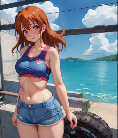 Kousaka honoka, blue eyes, short denim short, football tank top,(midriff:0.7), looking at viewer,(big breasts:0.8), solo, standing, (pov from below:0.768), sweating, solo,(cowboy shot) , thicc thighs, curvy body, llchar, hentai style