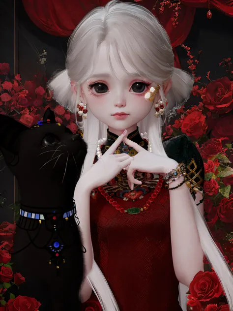 white color hair, A little girl in a cheongsam stands next to a black cat, rose flower background, chiaroscuro, cinematic lighting, UHD, textured skin, 8k