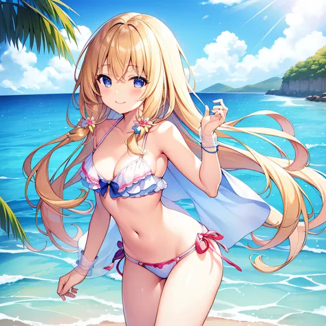 top-quality、extremely delicate and beautiful、Elementary school girls、5th grade elementary school、The bikini、(Lower body bikini)、mesugaki、A smile、a blond、Brown skin、The background is the sea、is standing、Twin-tailed