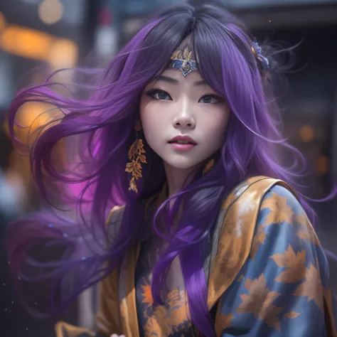 32K（tmasterpiece，k hd，hyper HD，32K）Long flowing bright purple hair，Autumn Pond，zydink， a color， Asian people （Silly girl）， （Silk scarf）， Combat posture， looking at the ground， long whitr hair， Floating bright purple， Fire cloud pattern gold skull headdress...