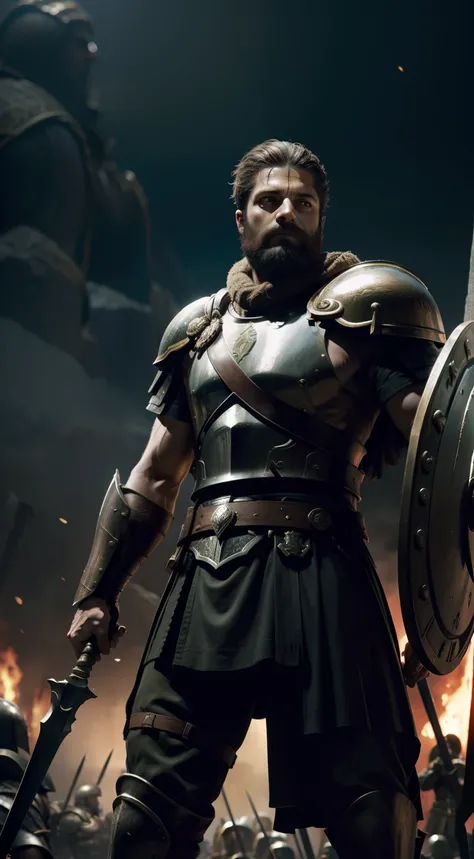 ad ass king leonidas of spartan with his spear and shield and his armies are behind him, epic, dark background, realistic, 8k