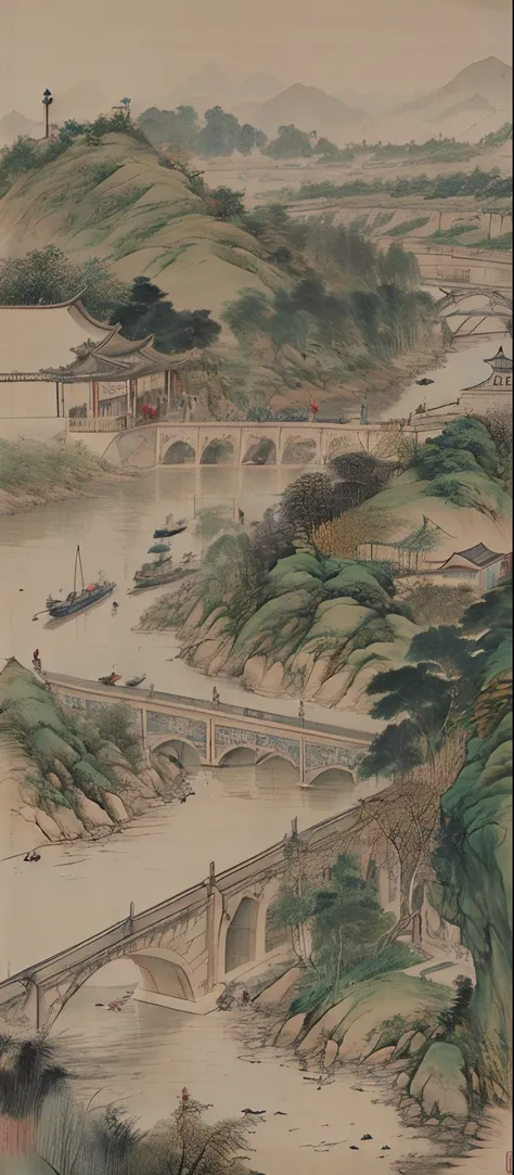 scenery。Qingming upper river map，Horizontal layout，A high resolution，best qualtiy，ultra - detailed，dynamic angle，afloat，Bustling cityscape，Complicated details，Historic buildings，Flowing rivers，vivd colour，Volumetriclighting，Crowded boats and bridges，Rich c...