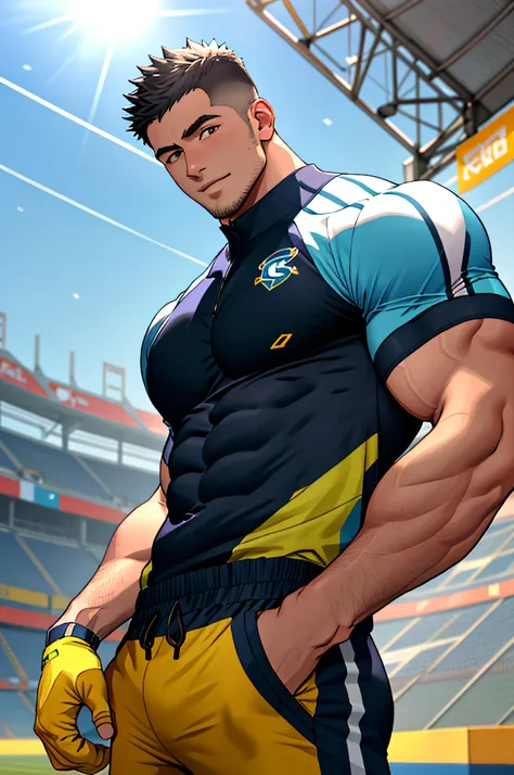 Draw a full-fledged athlete，Stand on the central field of the gym，He wears high-end sportswear，The man looks confident and determined，rays of sunshine，cheerful big breasts，Handsome，Crew cut，full bodyesbian，shooting from below，