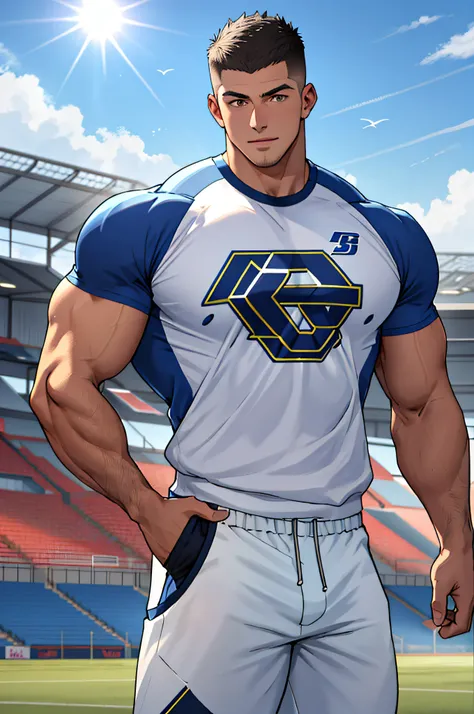 Draw a full-fledged athlete，Stand on the central field of the gym，He wears high-end sportswear，The man looks confident and determined，rays of sunshine，cheerful big breasts，Handsome，Crew cut，full bodyesbian，shooting from below，