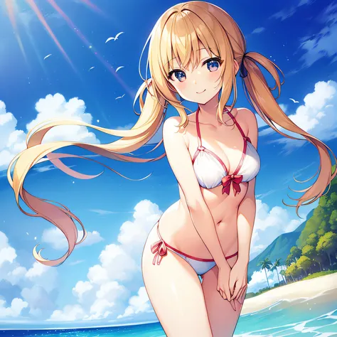 top-quality、extremely delicate and beautiful、Elementary school girls、5th grade elementary school、The bikini、(Lower body bikini)、mesugaki、A smile、a blond、Brown skin、The background is the sea、is standing、Twin-tailed