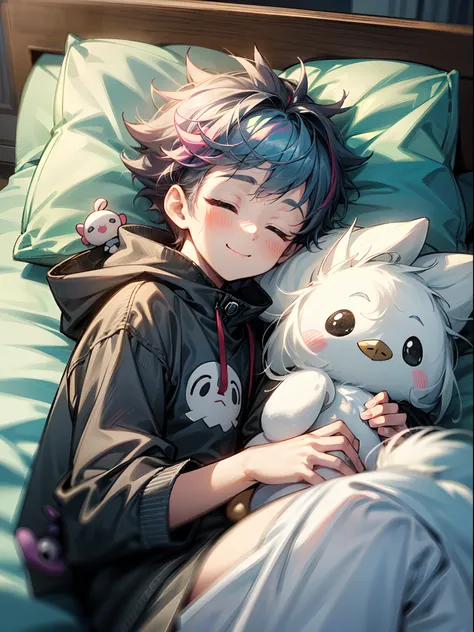 photoRealstic、Drawing of a ((cute punk boy)) sleepy on a bed, ((holding many soft toys)),niji,cute ,calm, happy expressions,、cuddle with ((fluffy penguin)) 🐧 Softoy