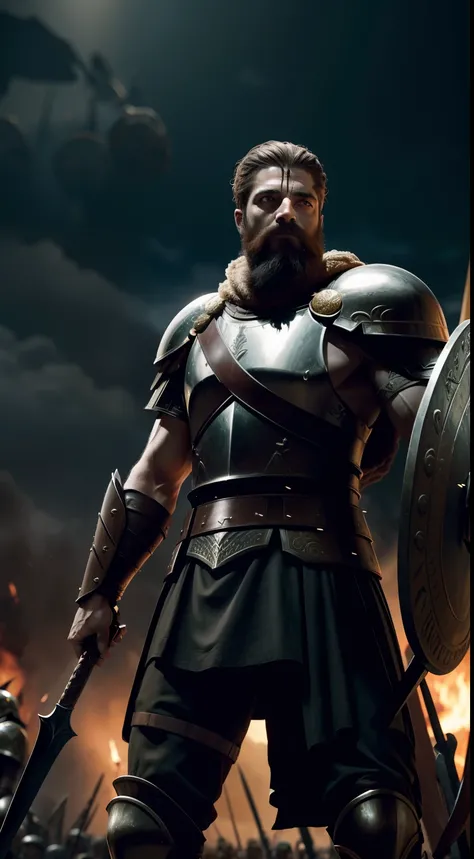 ad ass king leonidas of spartan with his spear and shield and his armies are behind him, epic, dark background, realistic, 8k