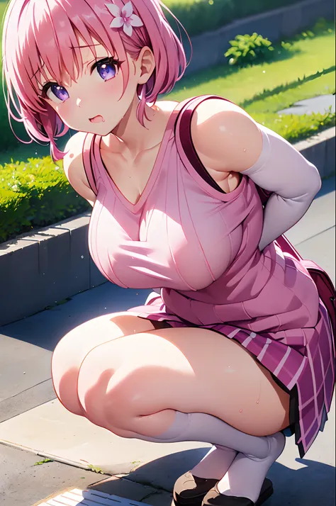 pink hair, purple eyes, short hair, hair flower, pink hair, oily skin, wet, detailed skin, ((little girl)), ((carrying a red backpack)), ((10 years old)), blurry background, open mouth, short height, little girl, ((bare shoulder)), ((presenting armpit)), (...