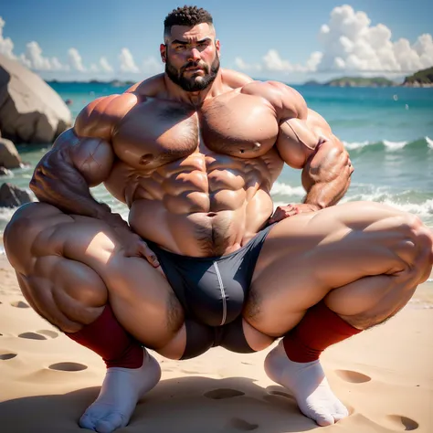 fully body photo）Strong and athletic middle-aged male，Grow a delicate beard，The whole body is strong and powerful，Strong pectoral muscles，The arms are thick and stout，Wear only red transparent panties，in heat，long white socks，without wearing shoes，Exercisi...