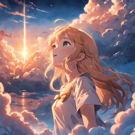 masterpiece, best quality, movie still, 1girl, cloud girl, floating in the sky, close-up, bright, happy, warm soft lighting, sunset, (sparks:0.7)