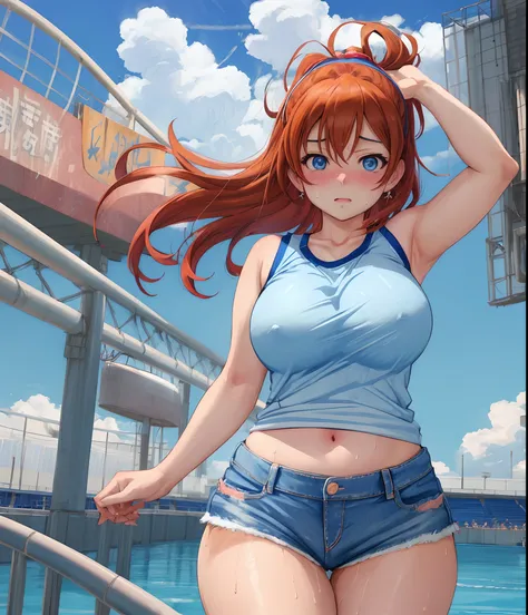 Kousaka honoka, blue eyes, short denim short, football tank top,(midriff:0.7), looking at viewer,(big breasts:0.8), solo, standing, (pov from below:0.768), sweating, solo,(cowboy shot) , thicc thighs, curvy body, llchar, hentai style