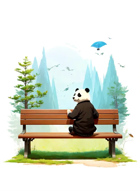 The panda sits on a bench，There is a briefcase under the bench, Sitting in the forest, sideface，Reclining on the bench，Place your hands on the bench，With your back to the camera，Han Yonghao storybook illustration, Pisif, concept-art, Childrens art in ArtSt...