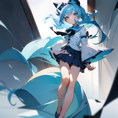 A 12-year-old girl，Miniskirt swimwear，inside in room，Whole body diagram，Full body like,character design drawing，Powder blue hair，high qulity，messy  hair，frilld，dynamic angle，Large blouse sleeves，美丽细致的眼睛，over exposure，face expressionless，Side punch bangs，Ha...