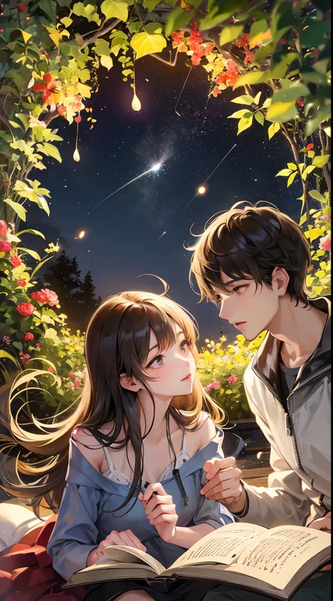 Country night，The starry sky twinkles，Two couples reading a book，Summer lights and fireflies dance。