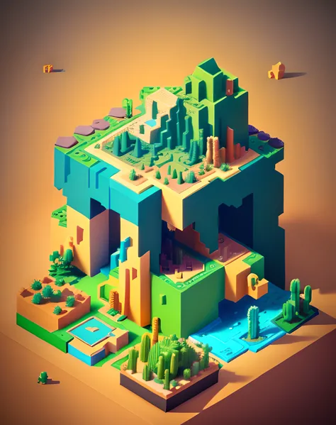 A close-up of the desert，There are cacti on it, isometric voxel art, isometric game art, isometric island in the sky, Isometric art, incredible isometric screenshot, isometric game, isometric 2 d game art, stylized 3d render, high quality voxel art, Isomet...