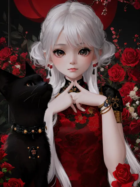 White color hair, A little girl in a cheongsam stands next to a black cat, rose flower background, Chiaroscuro, Cinematic lighting, hyper HD, Textured skin, 8K