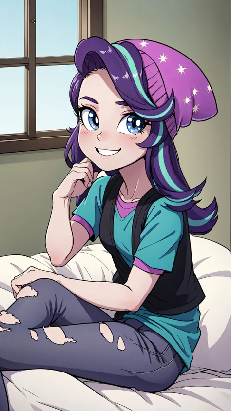 1girl,masterpiece,(detailed background),best quality,absurdres,bedroom,bed,window,mlpglimmer,shirt,hat,short sleeves,pants,vest,streaked hair,torn clothes,colored skin,beanie,torn pants,solo,smile,(sitting on bed),dynamic angle,solo,solo focus,looking at v...