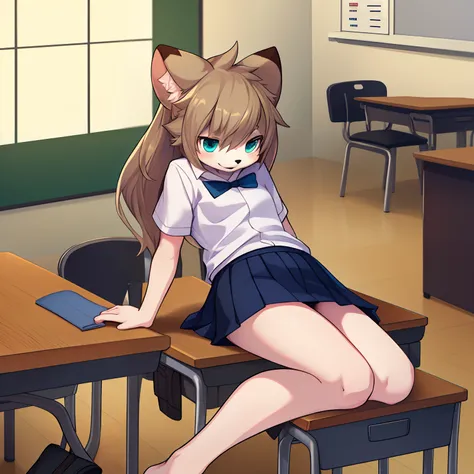 Cartoony，adolable，Moe，Covered in furry，Wear a school uniform，Cool，Brown and white，Irritability at the beginning of school、eventide，sitting in classroom，Lie on the table