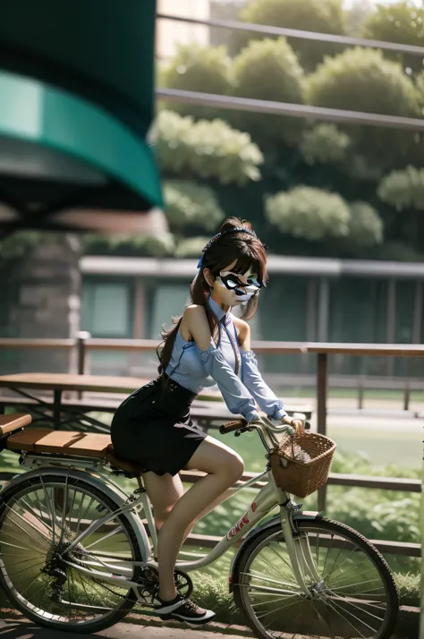 Wearing thin, round-rimmed glasses，The hair just reaches the shoulders, Realistic Chinese girl, Looks pure and imaginative, Young girl riding a bike